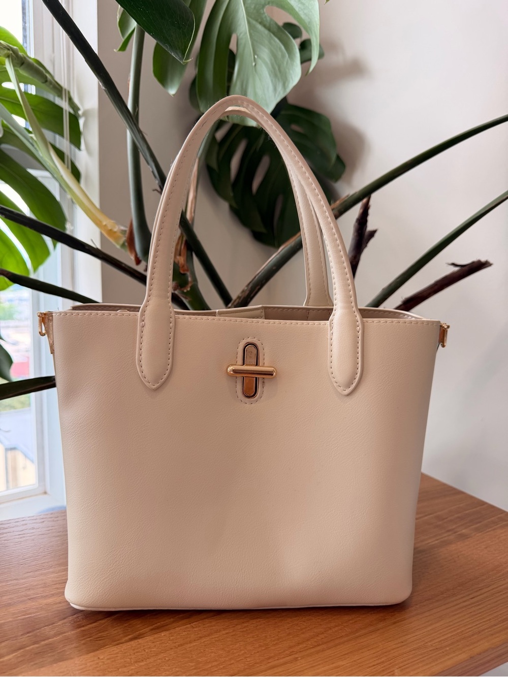 Cream Tote Bag with Gold Hardware - Women Bags